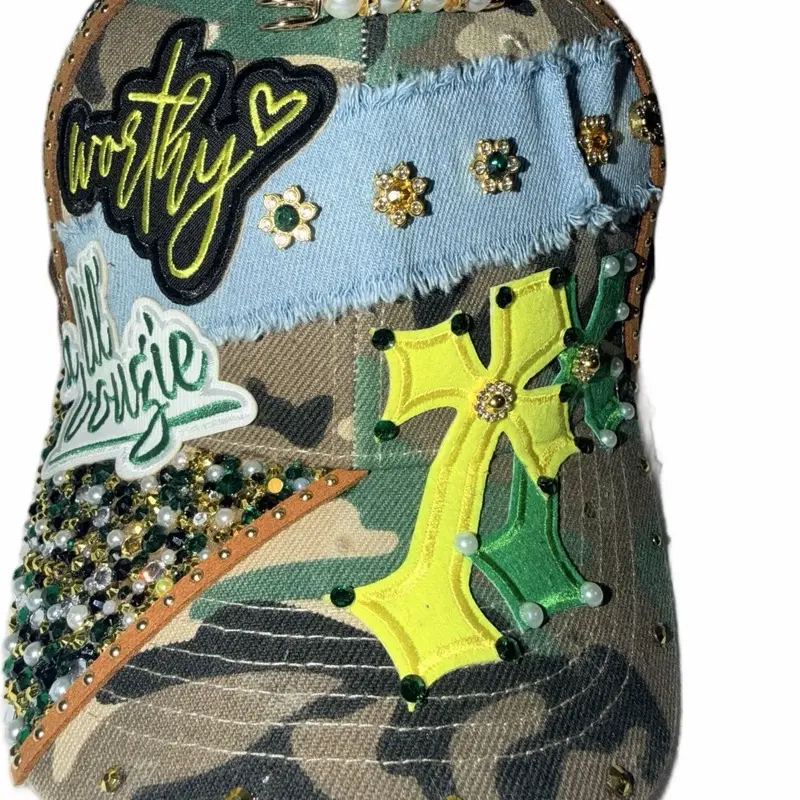 Unisex Camo "Worthy" Trucker Hat - Adjustable Cap, Lightweight Wear, Embroidered Rhinestone Detail, Bedazzled Hats, Fashion Accessory Headwear (Various Colors)