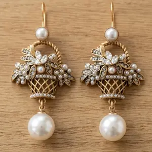 Vintage floral basket style brass plated with glass rhinestones and pearls ear hooks and studs