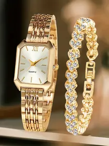 2pcs Women's Elegant Retro Fashion Watches Set - Luxury Heart Chain Quartz Analog Watch with Rectangular Dial & Stainless, Wedding, or Casual Attire - Classic Timepiece Gift
