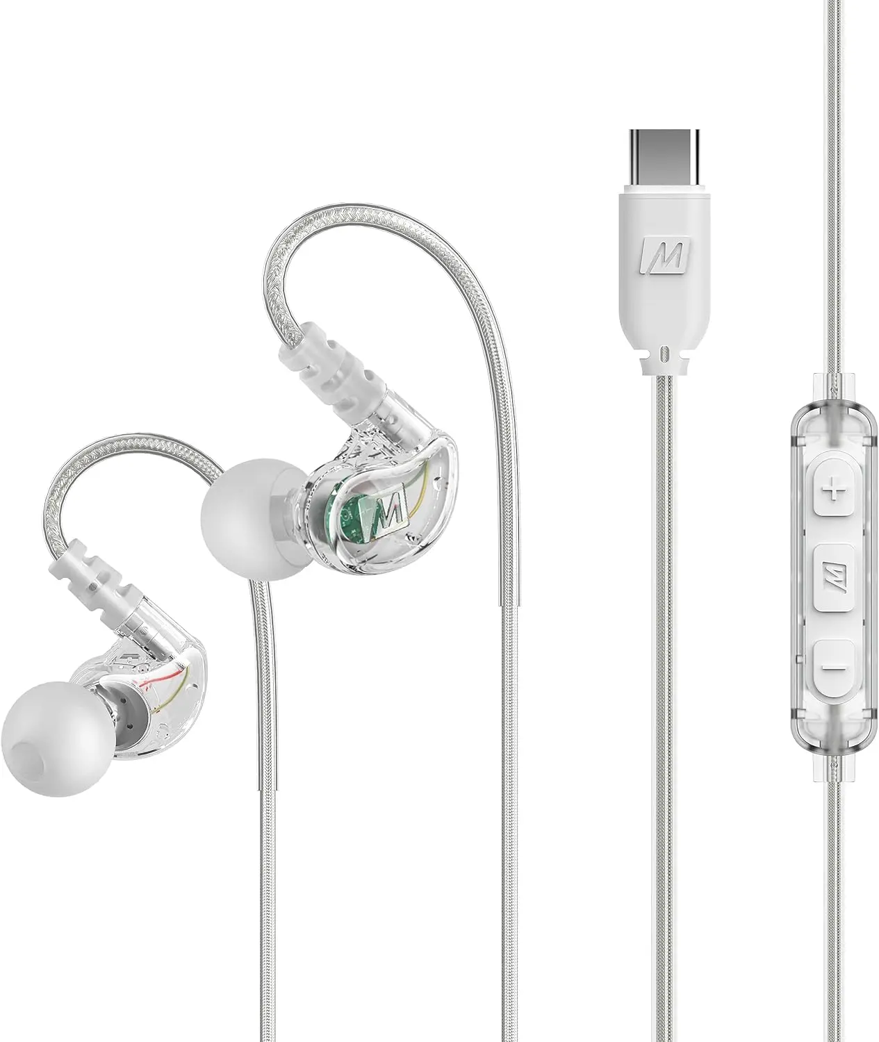 M6  USB-C Wired Earbuds with Memory Wire Earhooks, Headset with Mic & 3-Button Remote for  15, iPad, Other USB Type C Devices; in Ear Headphones for Running/Gym/Workouts, Clear