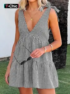 Women's Plaid Print Bow Decor Tie Shoulder Dress, Casual Fashion Gingham Dress for Daily Holiday Vacation Wear, Ladies Dress for Summer