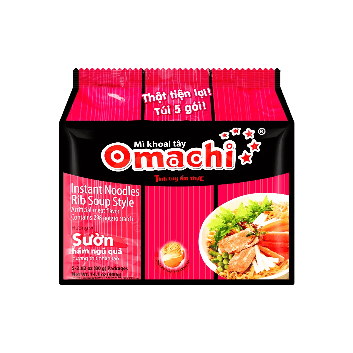 OMACHI Pork Rib Flavor Instant Noodles - Authentic Vietnamese Pho Ramen, 80g x 5 Packs with Potato Starch