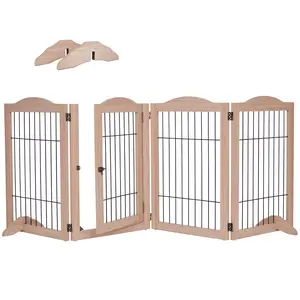 Arf Pets Dog Gate with Walk Through Door, 4 Panel 360° configurable Freestanding Wooden Wire Fence, 80" Wide, 31.5" Tall, Foldable, Support Feet Included, For The House - Indoor Use