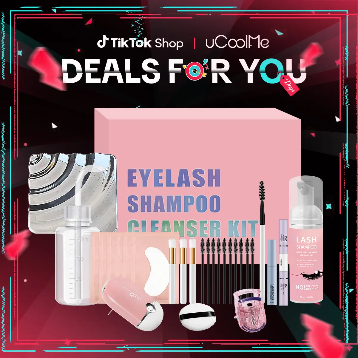 uCoolMe DIY Lash Aftercare Cleansing Multi-Pack - Lash Clusters Kit with Shampoo, 2-in-1 Bond Sealer & Makeup Remover, Beginner-Friendly Tools, Mirror, Eyebrow Summervibes (Stockup Option)