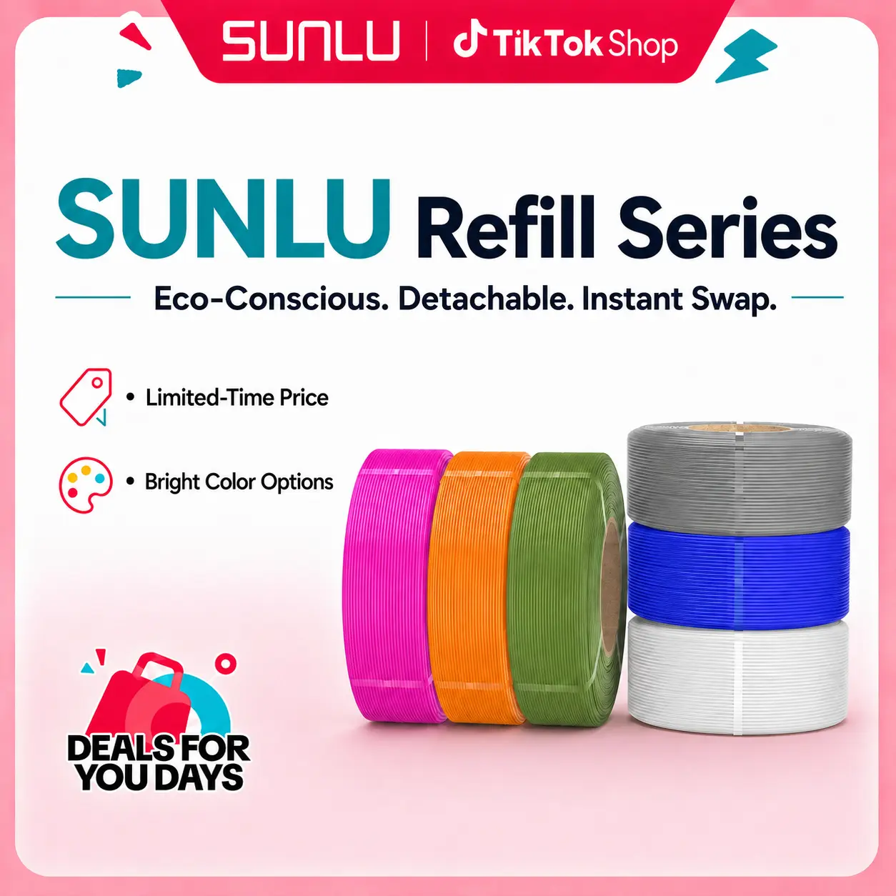 SUNLU Refill Filament PLA,  PLA+, PLA+2.0，PETG Filament, Compatible with 2025 SUNLU 3rd-Generation Reusable Spool and Bambu Reusable Spool, 1KG 1.75mm Filament Sustainability Flexibility-8561