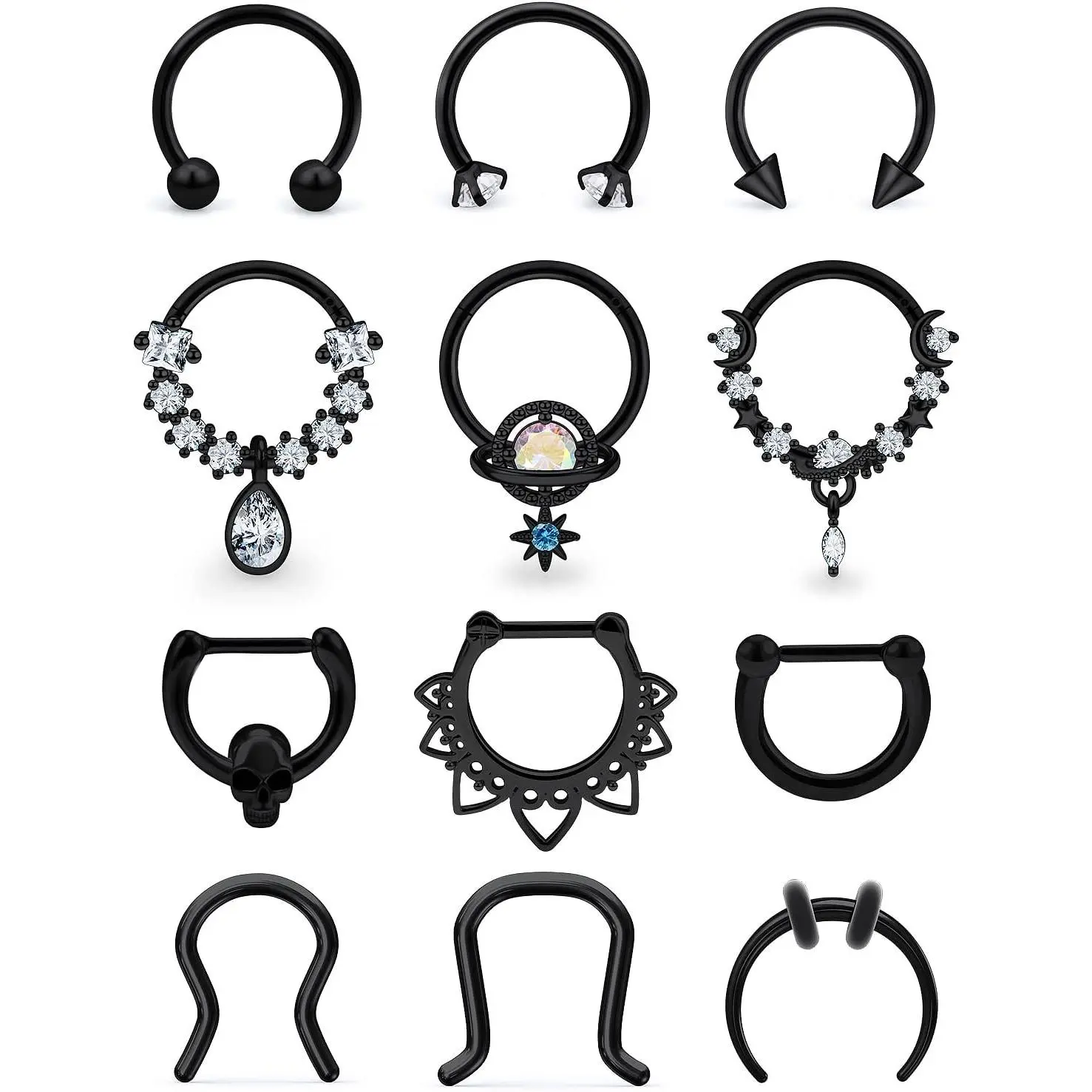 16G 316L Surgical Stainless Steel Skull Flower Dangle Clicker Septum Ring - 10mm 1.2Mm Horseshoe Hoop Body Jewelry for Women, Men - Silver, Black, Rose Gold Tones, Easy Removal for Everyday Use