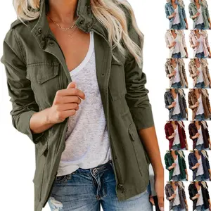 Imily Bela Lady's Fitted Soft Cotton Military Anorak Jacket - Casual, Comfortable Long Sleeve Zip-Up Snap-Button Drawstring-Adjustable Smooth Fabric Safari Utility Parka Coat with Pockets, 1-Piece Women's Outerwear Top
