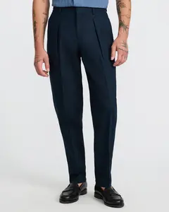 Express Dark Blue Linen Cotton Pleated Tapered Dress Pant