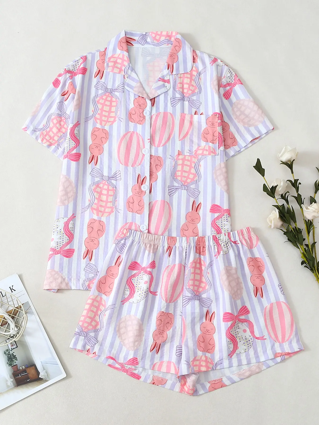 New Striped Easter Bunny Print Women's Sleepwear Set, Comfortable Breathable Fabric, Indoor Outdoor Wear, Casual Homewear Clothing, Pajamas Pjs