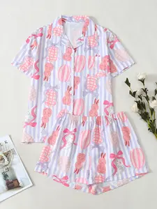 New Striped Easter Bunny Print Women's Sleepwear Set, Comfortable Breathable Fabric, Indoor Outdoor Wear, Casual Homewear Clothing, Pajamas Pjs