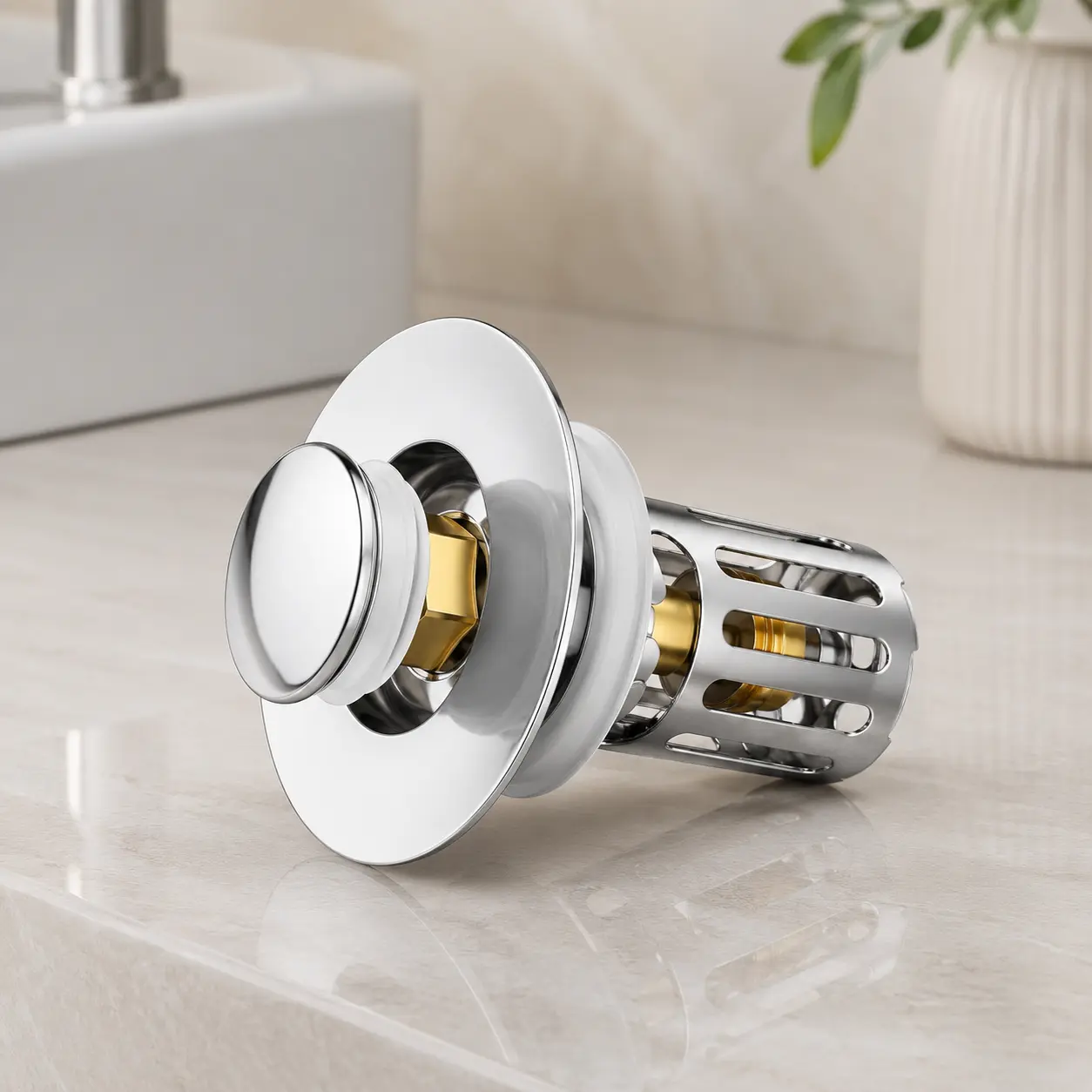 2-in-1 Stainless Steel Pop-Up Sink Stopper Bathroom Accessory - Removable Filter with Scrap Control, Anti-Clogging Water Drainage, Hassle-Free Cleaning, Recyclable, Deodorizing, Fits Most Sinks