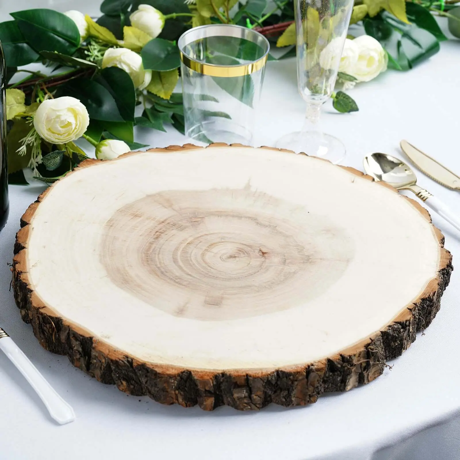 15" Dia Natural Poplar Wood Charger Plates, Handmade Artisanal Style Plates with Bark Edge Wood Grain Design for Rustic Wedding Table Settings, Cabin Decor