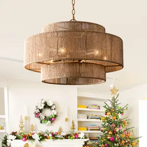 PARROT UNCLE 24" Bohemian Antique Gold 6-Light Drum Downrod Mount with Natural Rope Shade Coastal Farmhouse Style Pendant Lighting - Kitchen Sink