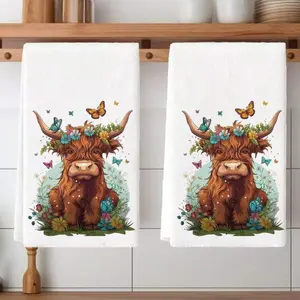 2pcs Cute Highland Cow Design Kitchen Towel Set, Soft Absorbent Dish Cloth, Tea Towel, Microfiber Super Absorbent, 100% Microfiber, Durable, Home Decor, Gift Idea, Kitchen Towels Absorbent