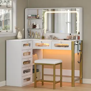 43" Modern Vanity Desk w/ LED Mirror, RGB Drawers & Built - in Outlet | Complete Setup w/ Stool