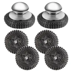 2Pcs Stainless Steel Wool Scrubber with Handle, 4 Replacement Steel Scrubber Wool Pads，Stainless Steel Scrubber for Cleaning Cast Iron, Dishes, Kitchen Pots, Pans, Grills, Stoves, Sink