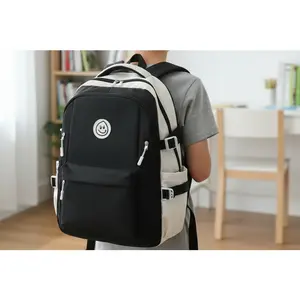 Black and Cream Backpack with Smiley Patch