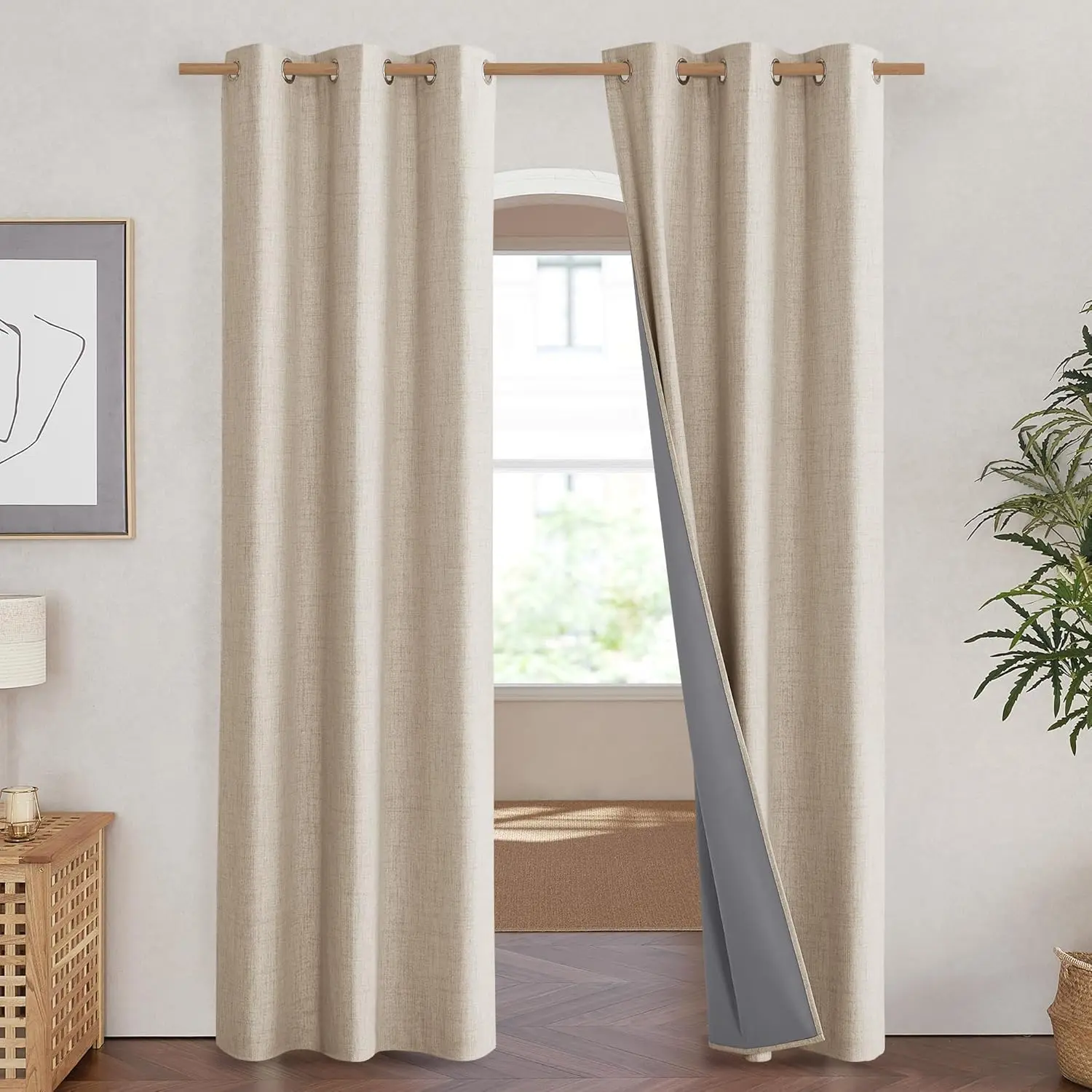 NICETOWN 2-Panel Solid Full Blackout Boho-Chic Linen Blend Curtains, Rustic Natural Yarn-Dye Blackout Liner Drapes, Insulated Cafe Window Covers for Bedroom Decor