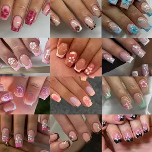 288pcs Short Square 3D Gel Nail Set, Gel Nail Tips, Mixed Colors, Flower Nails, Easy Wear, Perfect for Summer, French Acrylic Press-On Nails, Women & Girls