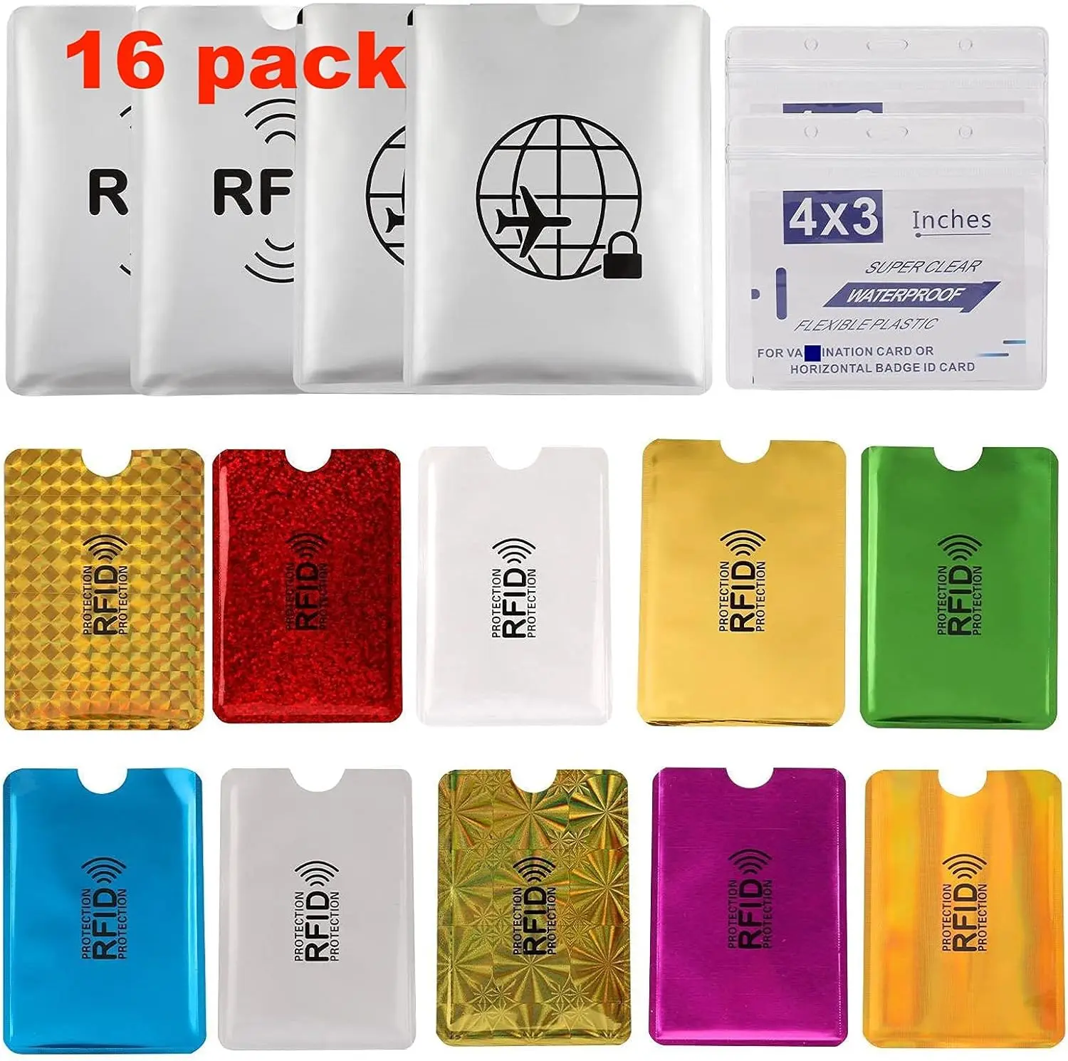 Summer Spring Gift 16 RFID Blocking Sleeves Set (10 Credit Card Holders & 4 Passport Protectors) Identity Theft Protection Secure Sleeves Set.Waterproof aluminum foil slim Design easily into your Wallet