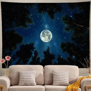 Forest Galaxy Tapestry for Bedroom Ceiling - Starry Night Sky with Moon and Trees, Blue Aesthetic Wall Hanging, Milky Way Landscape Backdrop for Living Room and Dorm Decor Gift Photo Nature Decorative