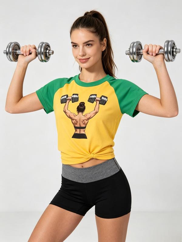 Women's Fitted Cotton Blend Crew Neck Raglan Short-Sleeve Cropped Sporty Sports Top - Quick Dry, Dumbbell Graphic Back Tee for Gym Workouts & Athlete Life, Sporty Sports Tops