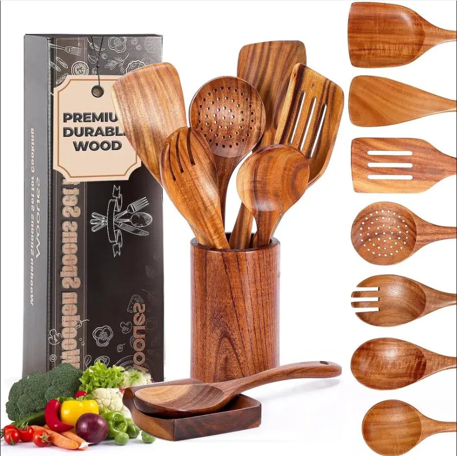 Premium  Teak Cooking Utensil Set - Eco-Friendly, Non-Stick, Easy to Clean, Durable & Safe Kitchen Tools with Comfortable Grips