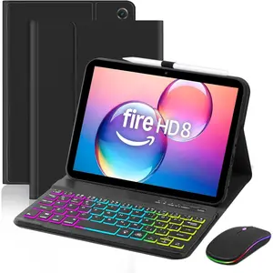 Case with Keyboard  for  Kindle Fire  8&8 Plus (2020&2022) 8 inch,7 Color Rainbow Backlit Detachable Keyboard  Case for  8 10th/12th Gen-Black
