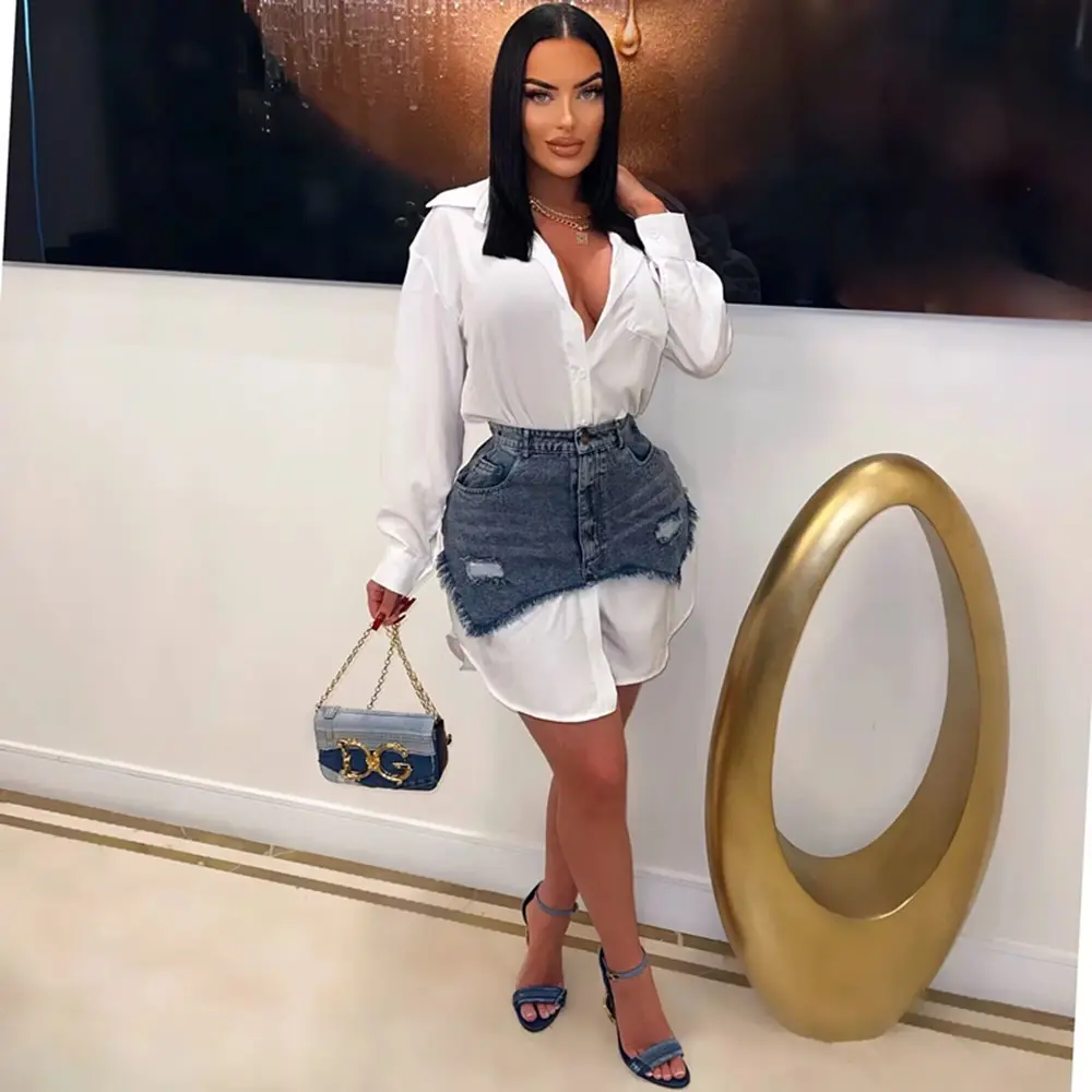 summer autumn clothes 2025 new Showing Thin Temperament Lace Up Dress Womens Sexy 2 Piece Outfits Lapel Button Long Sleeve Mini Shirt Dress Denim