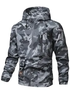 Men's  Print Zip Up Drawstring Hooded Jacket, Regular Fit Casual Waterproof Long Sleeve Pocket Outerwear, Men's Fall &Regular Fit Casual Waterproof Long Sleeve Pocket Outerwear, Men's Fall & Winter Clothes Coats Camouflage Army Green