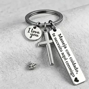 (Gift for Your Beloved) Maneja Con Cuidado Te Necesito Aquí Conmigo Keychain with Cross & "I Love You" Charm, Spanish Drive Safe Stainless Steel Keyring, Romantic Religious Gift for Him/Her  Perfect holiday gift, birthday gift and event gift for lovers.