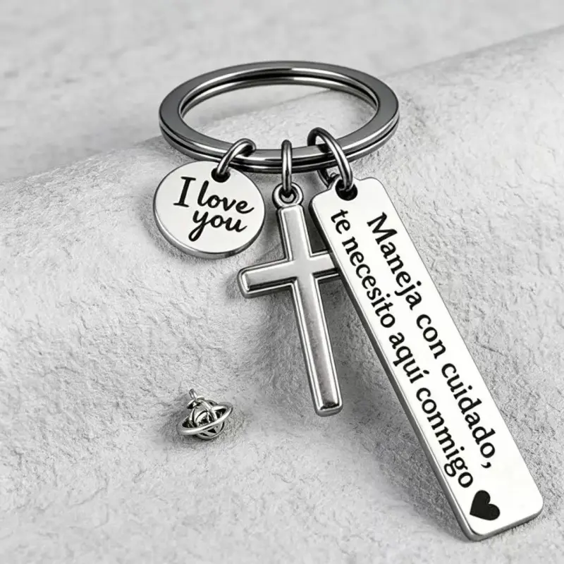 (Gift for Your Beloved) Maneja Con Cuidado Te Necesito Aquí Conmigo Keychain with Cross & "I Love You" Charm, Spanish Drive Safe Stainless Steel Keyring, Romantic Religious Gift for Him/Her  Perfect holiday gift, birthday gift and event gift for lovers.
