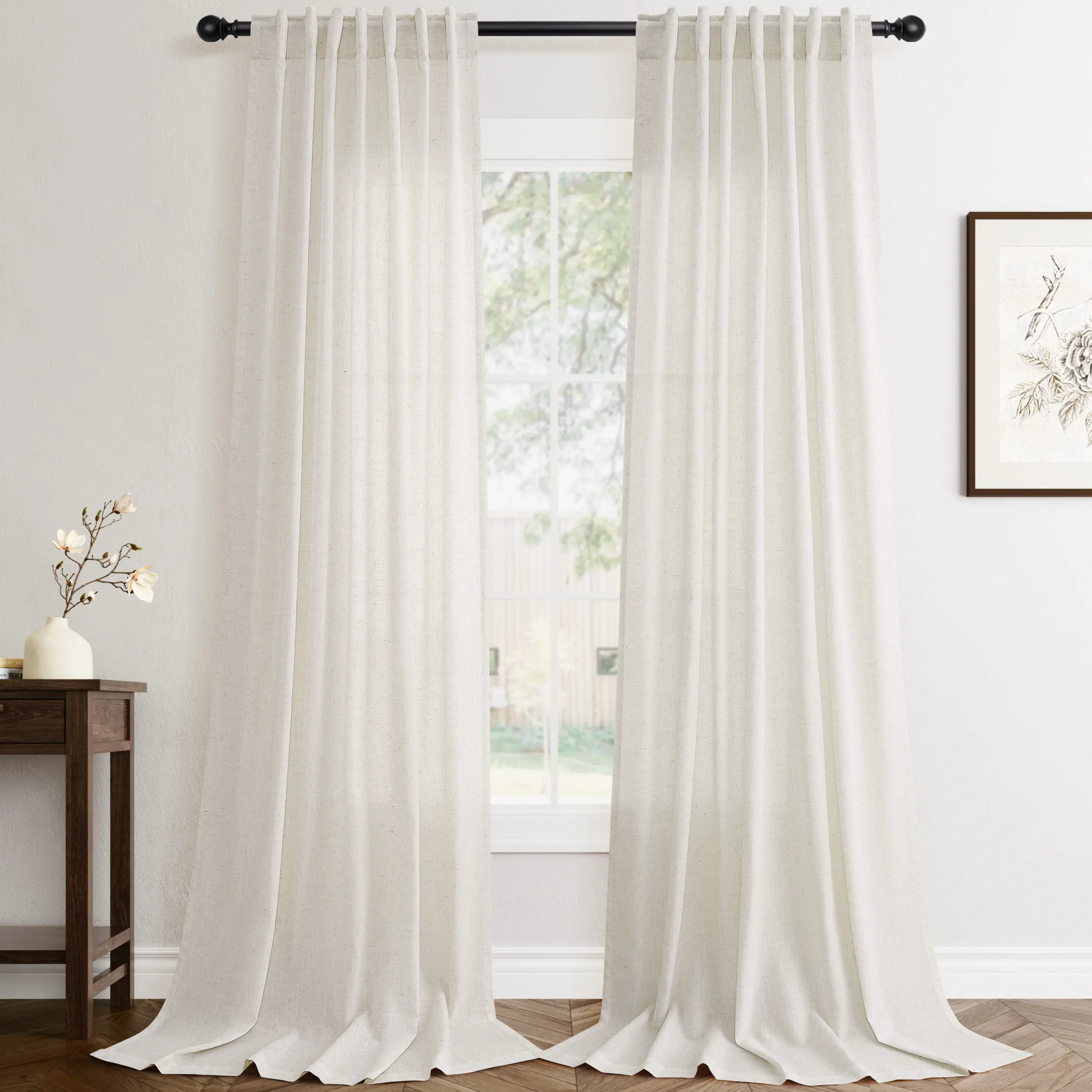 Jowels Flax Linen Back Tab Drapes - 2-Panel Cream Soft Light Filter Semi Sheer with Knotted Pinch Pleated Look, Wrinkle Resistant Modern Farmhouse Cafe Style Curtains with 3-inch Rod Pocket, Low-dry Care for Bedroom, Living Rooms Home Textiles