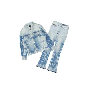 Glit Dark Blue Rhinestone Denim Jacket/Stacked Flare Jean Set