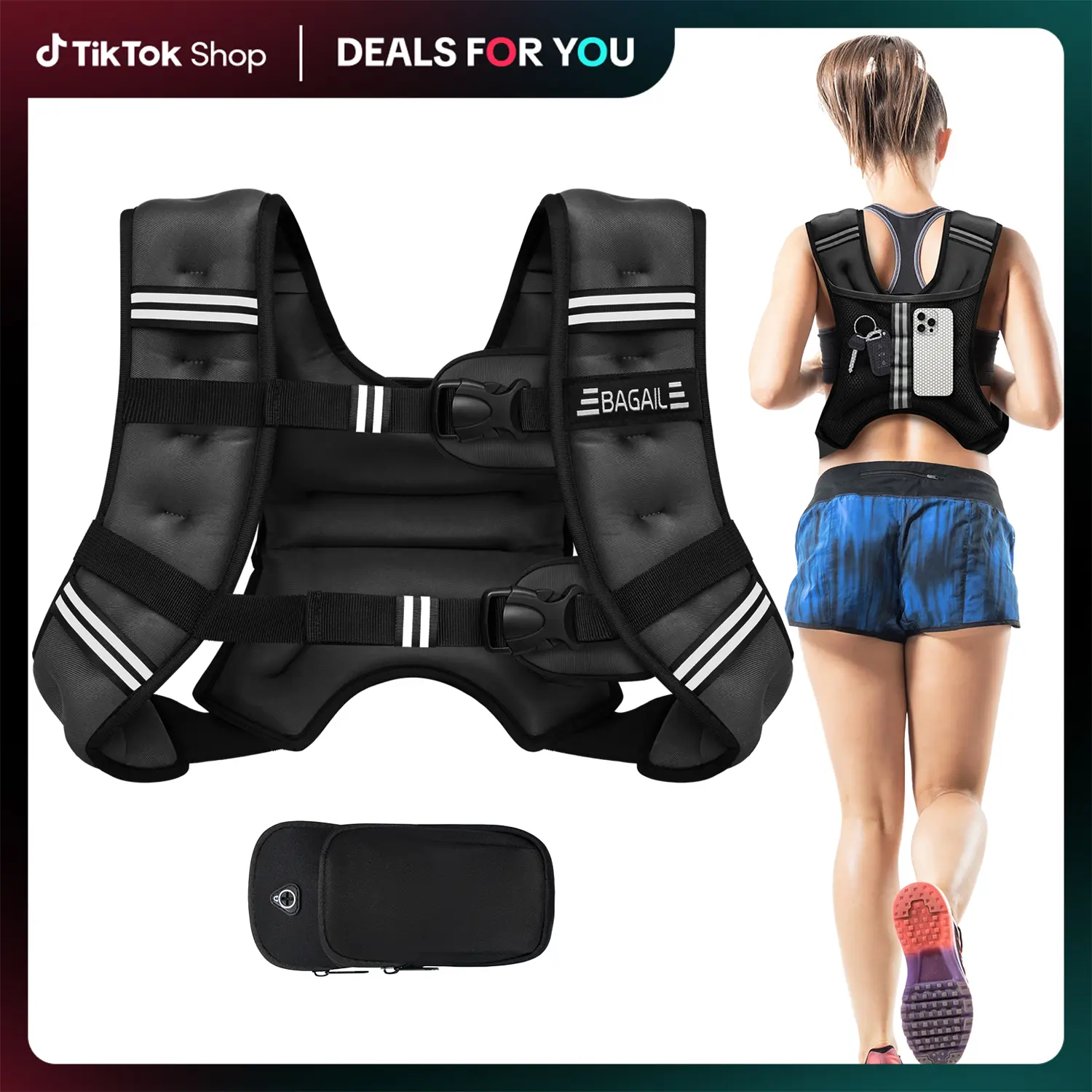 【SummerWins】BAGAIL Weighted Vest, 5lbs/8lbs/10lbs/12lbs/15lbs/20lbs/25lbs/30lbs Weight Vest with Detachable Phone Pouch, Rucking Vest for Women, Men, Walking, Training, Running Summervibes