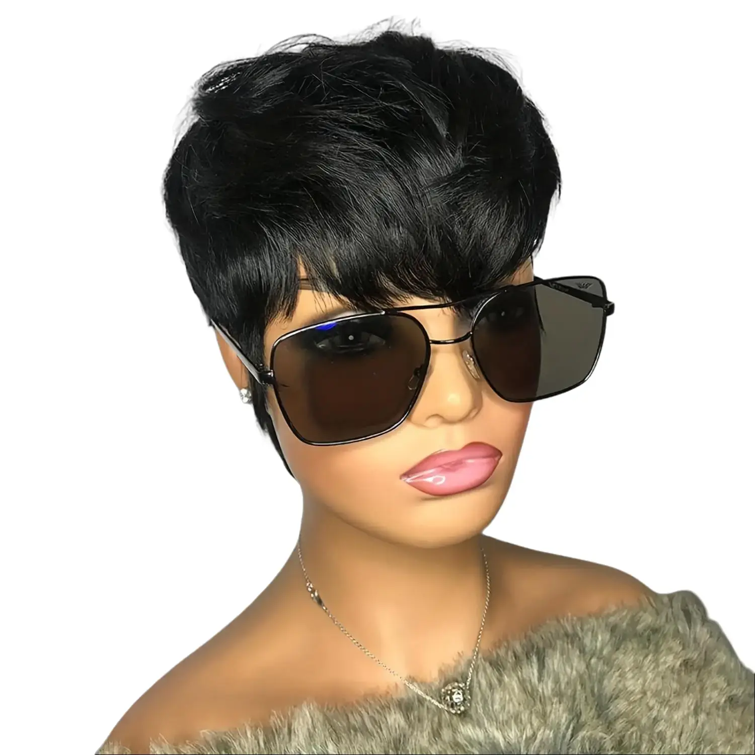 Women's New Wear-and-Go 100% Human Hair Pixie Cut Wig, 150% Density Straight Black Short Elegant Wig with Bangs, Full Machine Made, Glueless Construction, Layered, Rose Cap - Ideal for Cosplay, Party