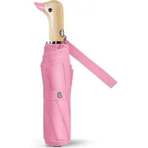 Cute Duck Umbrella Automatic - Compact Pretty Pocket Size  Duck Collapsible Umbrella Yellow Wooden Handle for Women