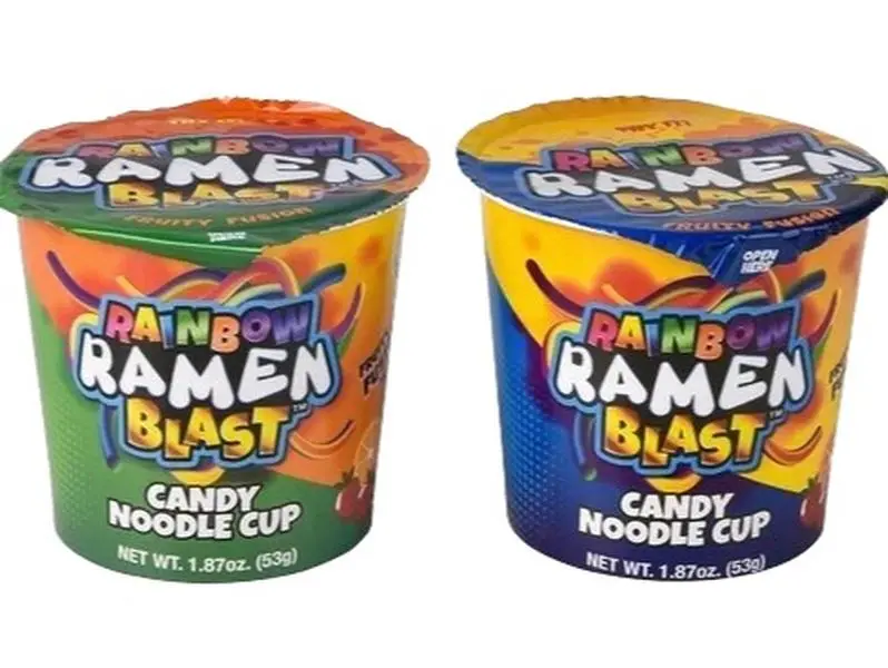 Rainbow Ramen Blast Candy Noodle Cup 2-Pack 1.87 oz Sweet Fruity Chewy Gummy Noodles with Candy Sauce & Mini Chopsticks for Kids Parties Bonbon Tangy Snack