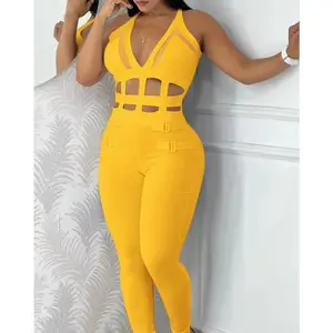 Sexy Women'S Jumpsuit Casual Solid Color V-Neck Suspender Top with Hollowed Out Buckle and Contrasting Mesh Elastic Jumpsuit bodysuit outfit