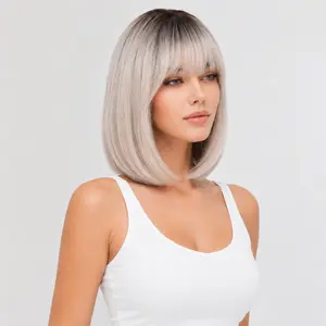 12-inch Ash Blonde Gradient Bob Wig, airy bangs for a face-slimming, brightening effect, chic short hair design, glue-free and camera-ready, perfect for dates, parties, and daily wear