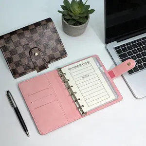 A7 Budget Mini Binder Wallet Planner Notebook, Faux Leather Grid Diary, 45 Lined Pages, 6 Zipper Pockets, Multifunctional Spiral-Bound Planner for Work, School and Logs