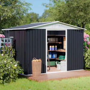 Hdstorzon 8x6FT Metal Storage Shed, Patio & Backyard Outdoor Garden Tool Organizer with Lockable Double Door, Sloping Roof Stowing Unit