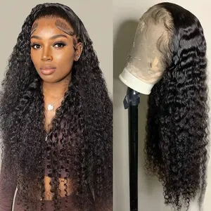 13X4 Water Wave Lace Front Wigs Human Hair 200 Density Curly Human Hair Wig 13X4 HD Transparent Wet And Wavy Lace Frontal Wigs Pre Plucked for Women Natural Black 16 Inch