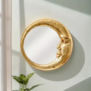 Golden Color Crescent Moon Mirror, 8.85x8.95 Inch Round Resin Wall Art, Decorative Hanging Wall Mounted Mirror for Home & Vanity Use