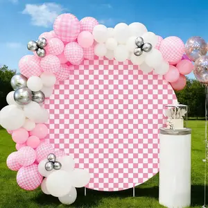 7.2 FT Pink White Checkered Round Backdrop Cover, Spandex Fitted Circle Arch Stand Cover, Reusable Polyester Party Backdrop for Girl Baby Shower, 1st Birthday, Outdoor Picnic & Photo Booth Decor (without bracket)