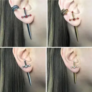 Gothic Sword Kinitial Women's Earrings Retro Crystal Diamond Dagger Earrings