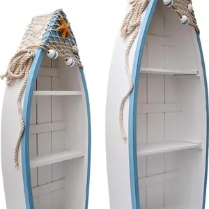 Wooden Boat Shelf Set of 2, Beach Theme Standing Display Boat with 3 Shelves Fish Net Star Fish Shell Nautical Decor (Boat Shelf 2 Set) Decorative Decoration