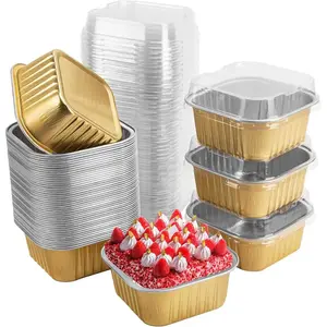 50 Pcs Mini Square Baking Cups with Lids,5oz Aluminum Foil Mini Cake Pans with Lids,Disposable Ramekins Cake Pans,150ml Dessert Cups Cupcake Pans for Wedding Birthday Party,Gold
