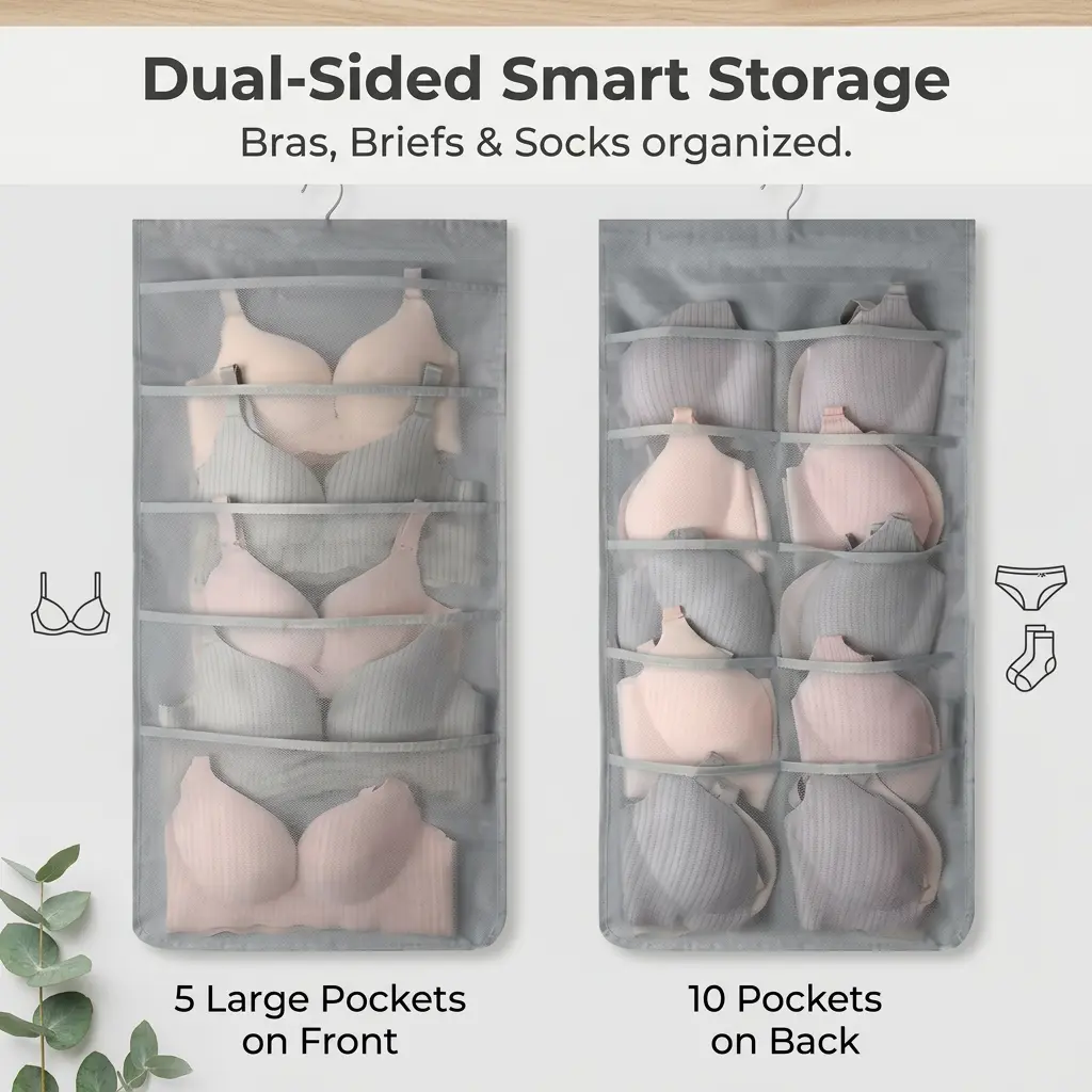 Dual-Sided Closet Organizer Single Unit, Beige Hanging Mesh Storage Bag with 5+10 Pockets for Bra, Socks, Underwear Sorting, Lightweight Durable Wall/Wardrobe Organizer