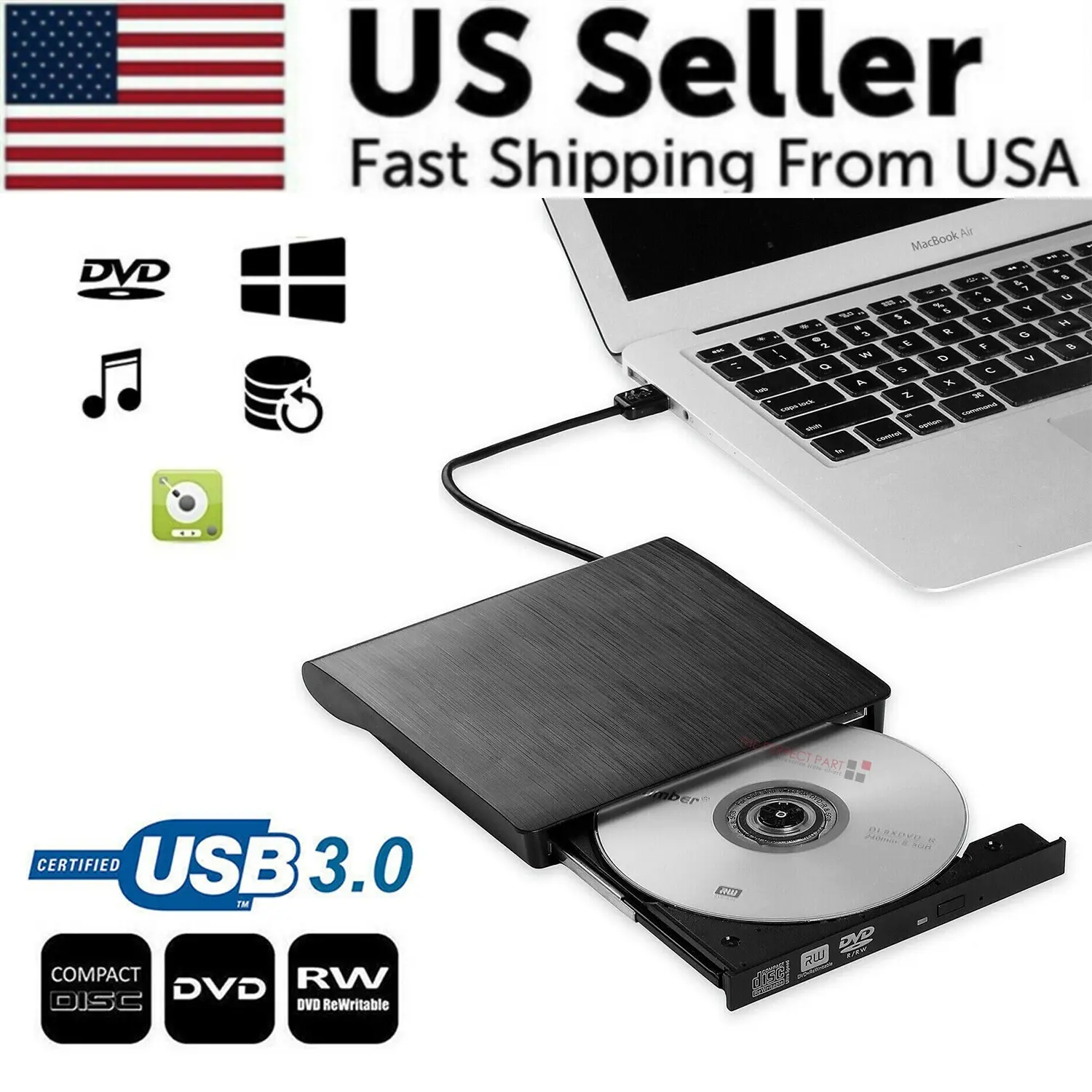 USB 3.0 Slim External CD DVD Drive, Portable CD-RW Burner & DVD Reader, Plug and Play, 5Gbps High Speed, Compatible with Windows 11, Mac OS & Linux for Laptops and Desktop PCs